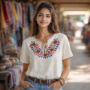 Guatemalan Embroidered Floral Blouse Boho Peasant Top Festival Resort Medium